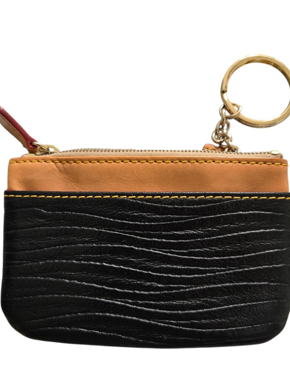 Dooney & Bourke Black and Tan Leather Zip Coin Pouch with Gold Keyring - Picture 2 of 3